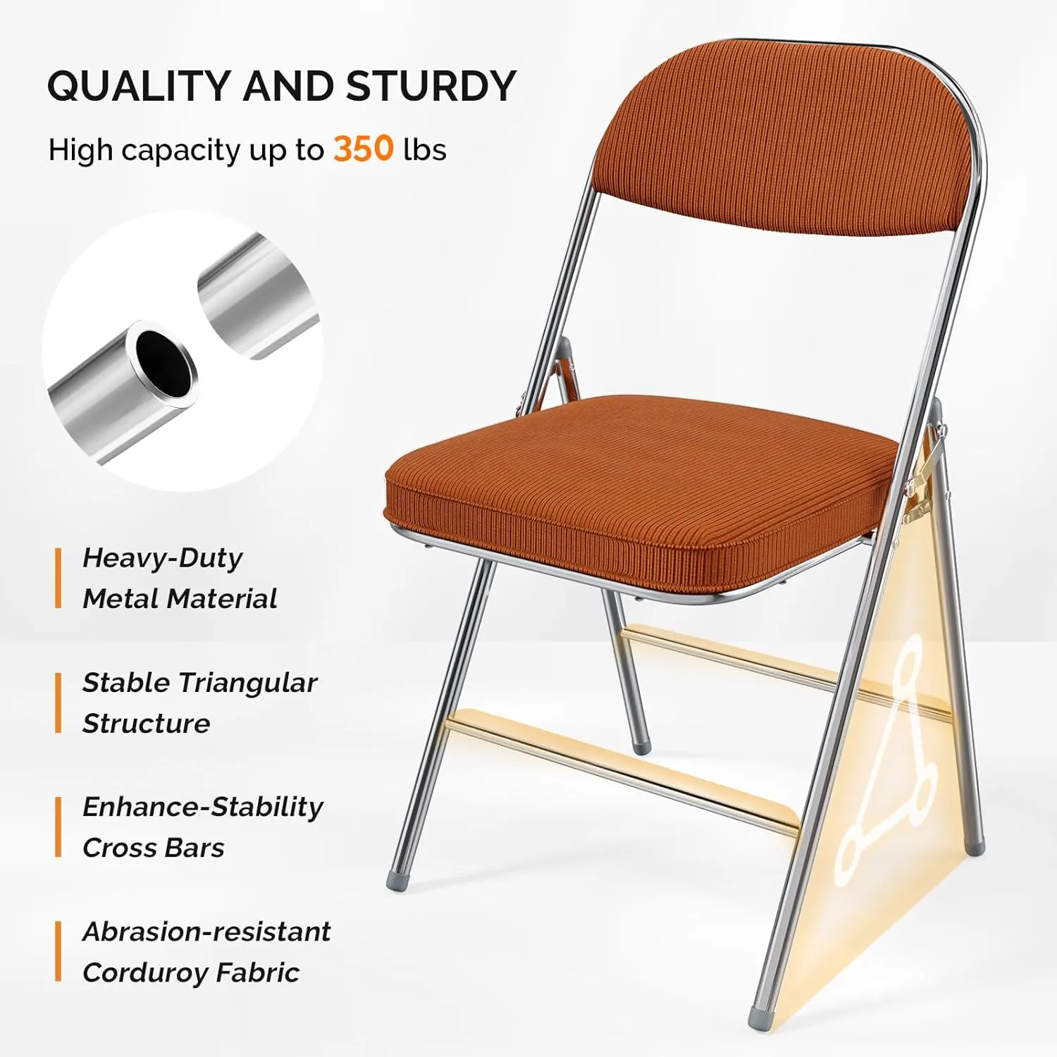 VINGLI Folding Chairs with Padded Seat & Backrest, Metal Frame, Durable Corduroy Fabric, 350 lbs Capacity, Set of 6, Orange – Ideal for Weddings, Parties, Office Events