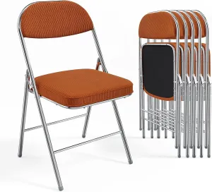 VINGLI Folding Chairs with Padded Seat & Backrest, Metal Frame, Durable Corduroy Fabric, 350 lbs Capacity, Set of 6, Orange – Ideal for Weddings, Parties, Office Events