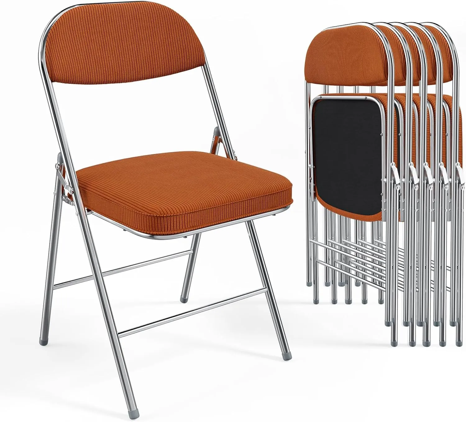 VINGLI Folding Chairs with Padded Seat & Backrest, Metal Frame, Durable Corduroy Fabric, 350 lbs Capacity, Set of 6, Orange – Ideal for Weddings, Parties, Office Events