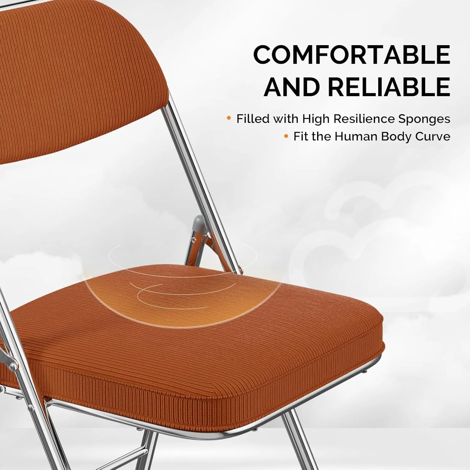 VINGLI Folding Chairs with Padded Seat & Backrest, Metal Frame, Durable Corduroy Fabric, 350 lbs Capacity, Set of 6, Orange – Ideal for Weddings, Parties, Office Events