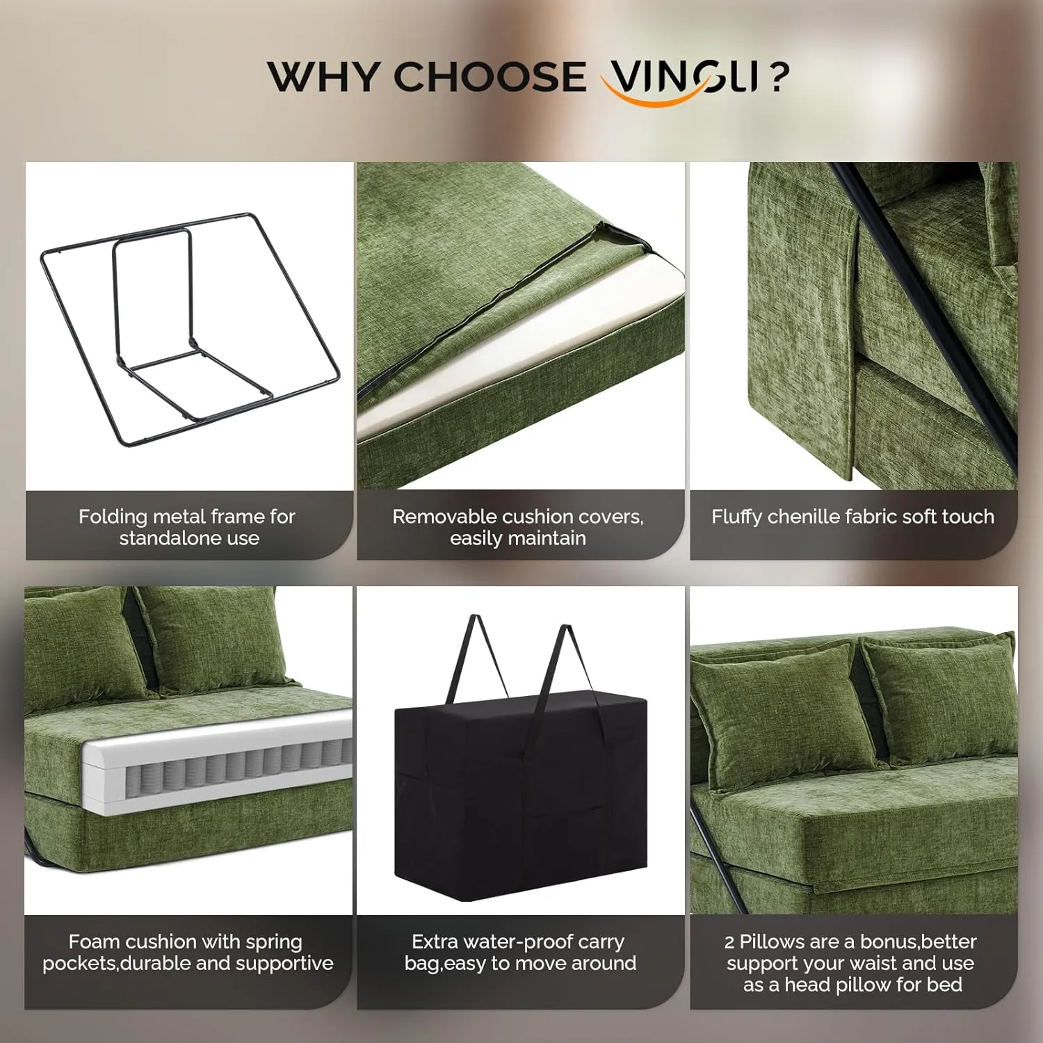 VINGLI Futon Sofa Bed Sleeper Sofa Chair Bed Floor Sofa Twin Small Couch Folding Mattress Couches for Living Room Floor Chair Freestanding RV Futon Couch for Indoor and Outdoor (Olive Green)