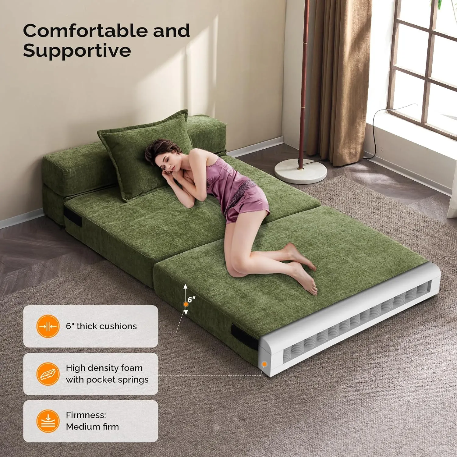 VINGLI Futon Sofa Bed Sleeper Sofa Chair Bed Floor Sofa Twin Small Couch Folding Mattress Couches for Living Room Floor Chair Freestanding RV Futon Couch for Indoor and Outdoor (Olive Green)