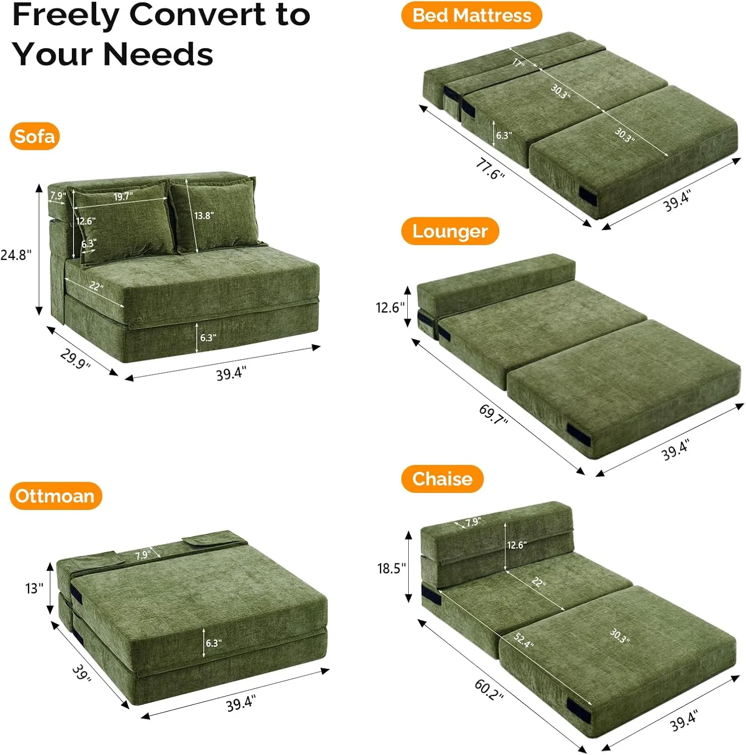 VINGLI Futon Sofa Bed Sleeper Sofa Chair Bed Floor Sofa Twin Small Couch Folding Mattress Couches for Living Room Floor Chair Freestanding RV Futon Couch for Indoor and Outdoor (Olive Green)