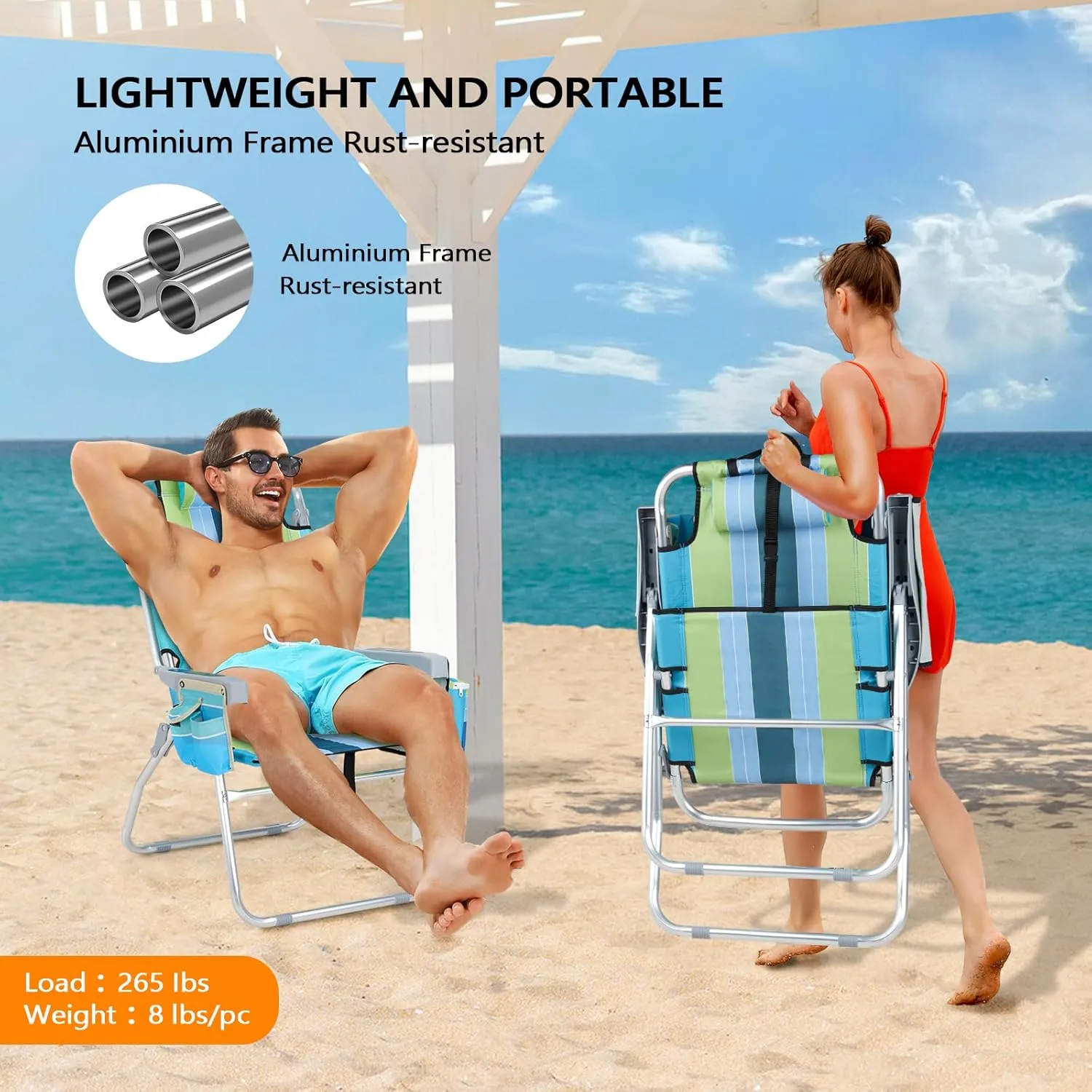 VINGLI Tall Beach Chair 2 Pack, with 5-Position, Cooler Bag, Cup Holders, Towel Bar, Lightweight Folding Beach Camping Chairs for Adults（Blue/Green-16