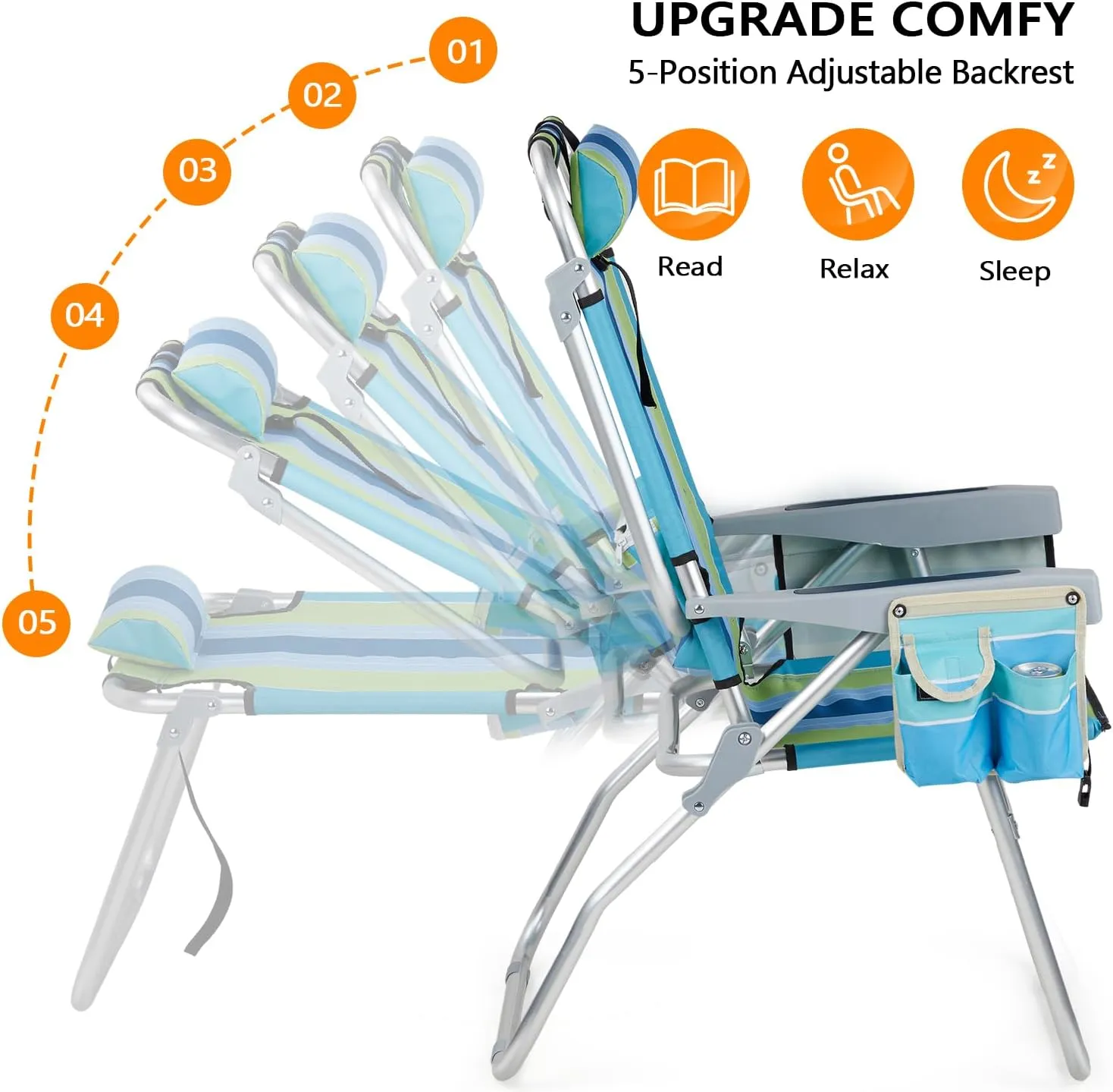 VINGLI Tall Beach Chair 2 Pack, with 5-Position, Cooler Bag, Cup Holders, Towel Bar, Lightweight Folding Beach Camping Chairs for Adults（Blue/Green-16