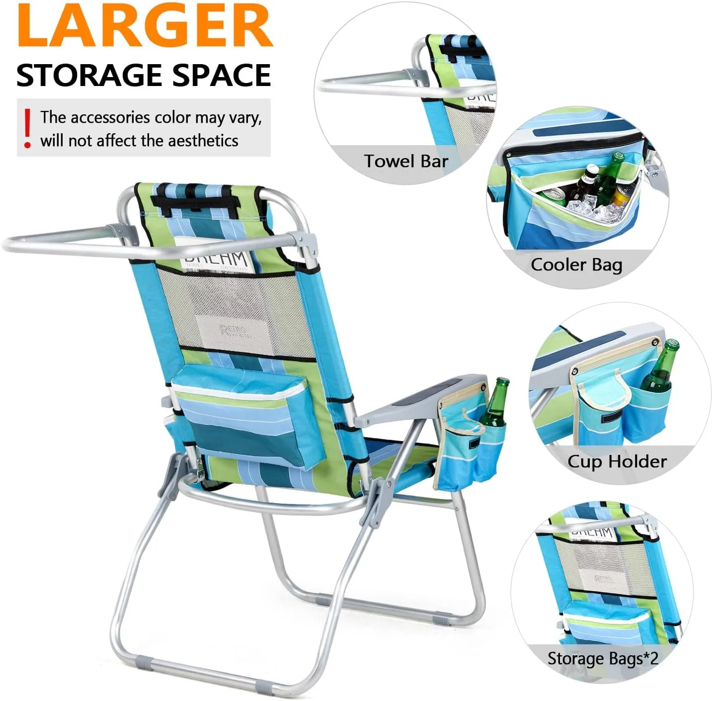 VINGLI Tall Beach Chair 2 Pack, with 5-Position, Cooler Bag, Cup Holders, Towel Bar, Lightweight Folding Beach Camping Chairs for Adults（Blue/Green-16