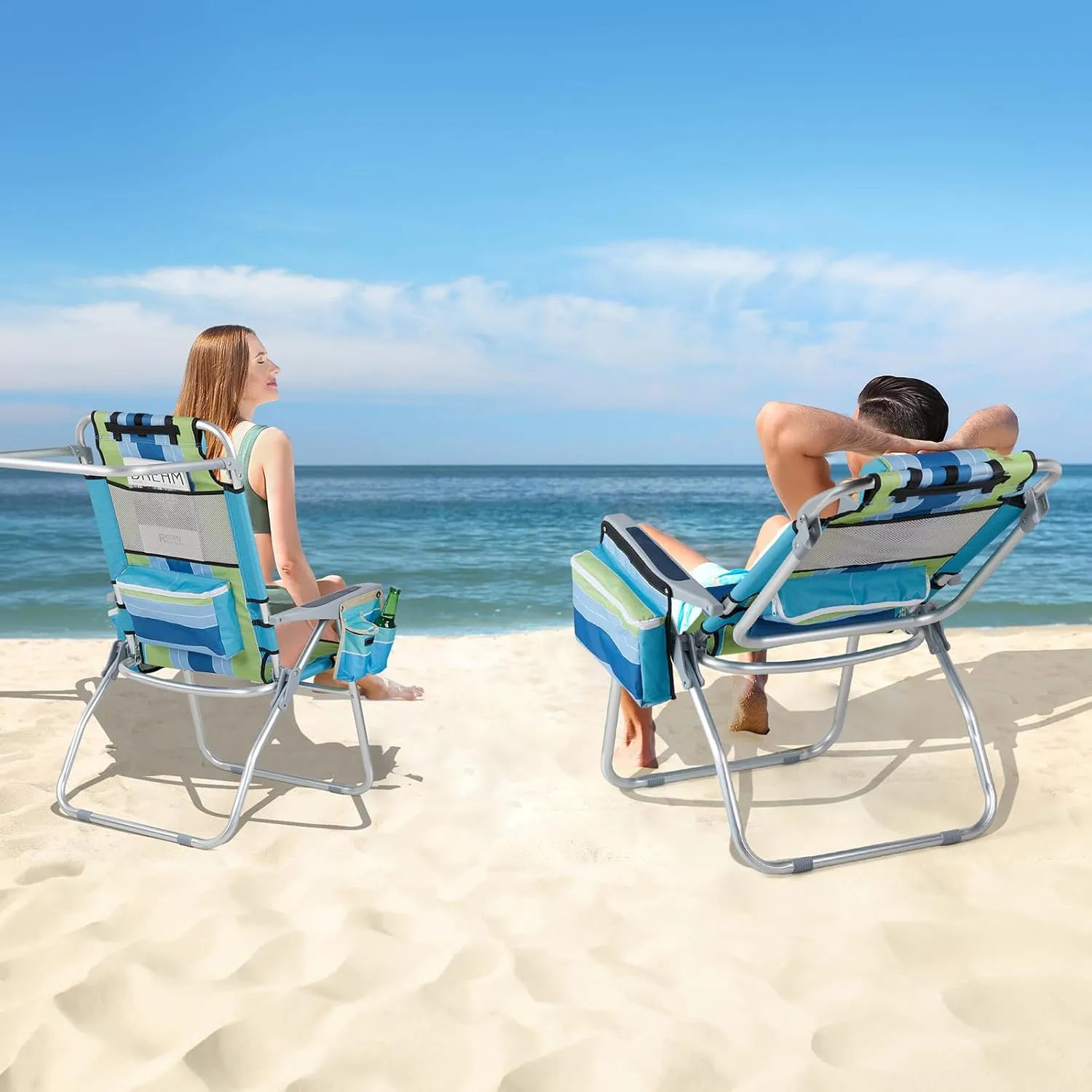 VINGLI Tall Beach Chair 2 Pack, with 5-Position, Cooler Bag, Cup Holders, Towel Bar, Lightweight Folding Beach Camping Chairs for Adults（Blue/Green-16