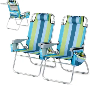 VINGLI Tall Beach Chair 2 Pack, with 5-Position, Cooler Bag, Cup Holders, Towel Bar, Lightweight Folding Beach Camping Chairs for Adults（Blue/Green-16