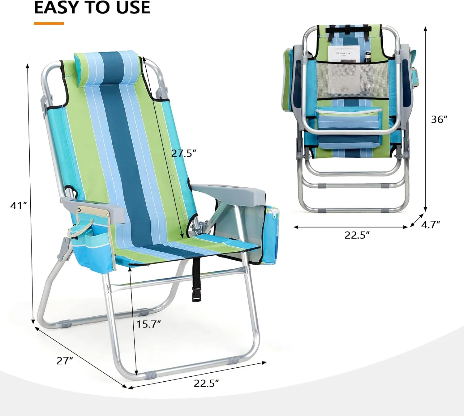 VINGLI Tall Beach Chair 2 Pack, with 5-Position, Cooler Bag, Cup Holders, Towel Bar, Lightweight Folding Beach Camping Chairs for Adults（Blue/Green-16