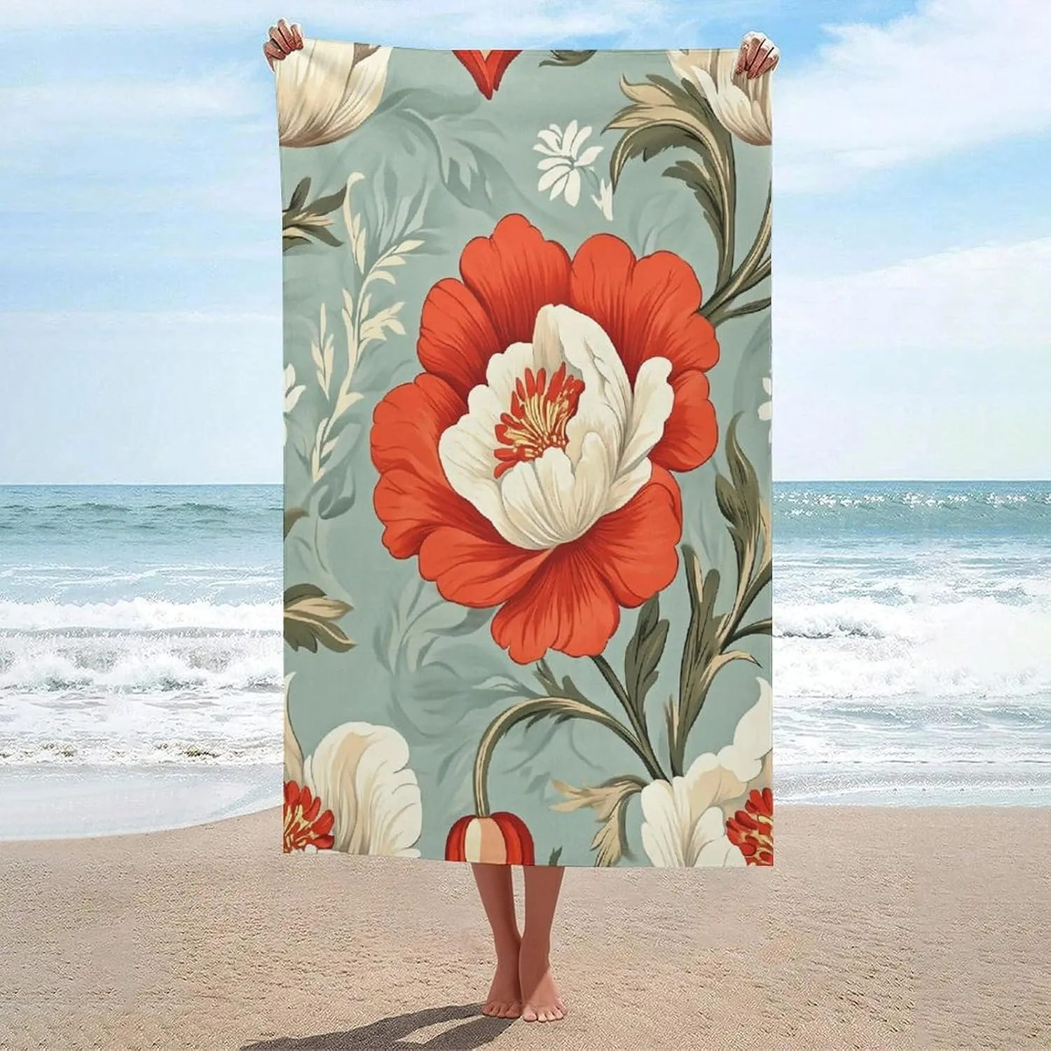 Vintage Flower Pattern Beach Towel Sand Free Microfiber Large Shower Towels Multipurpose Absorbent for Bathroom Pool 52x32 Inch
