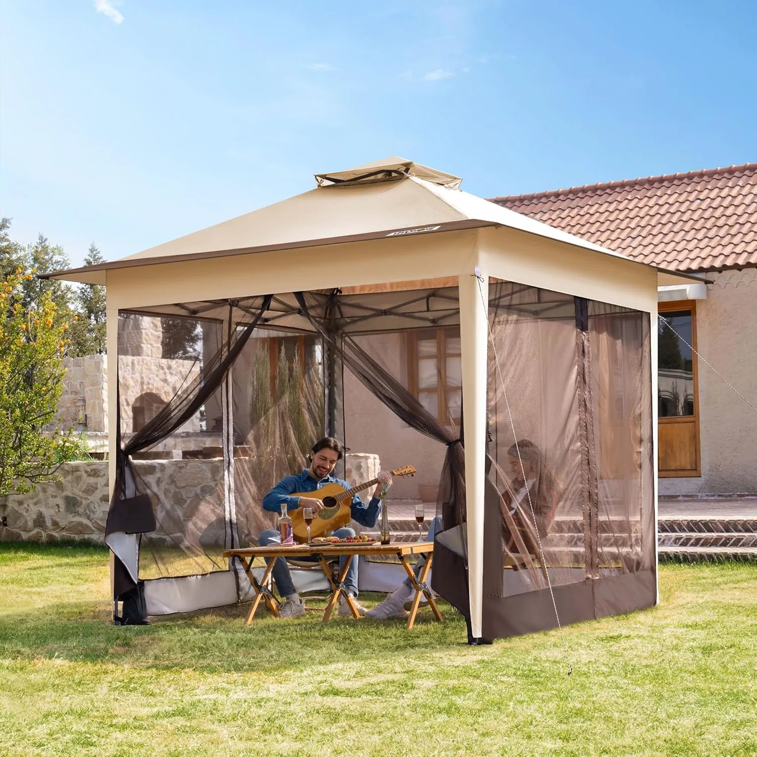 VIVOHOME Pop Up Gazebo 10x10ft Outdoor Canopy Tent with Mosquito Netting & 2 Tiers Roof for Patio Garden Backyard, Beige