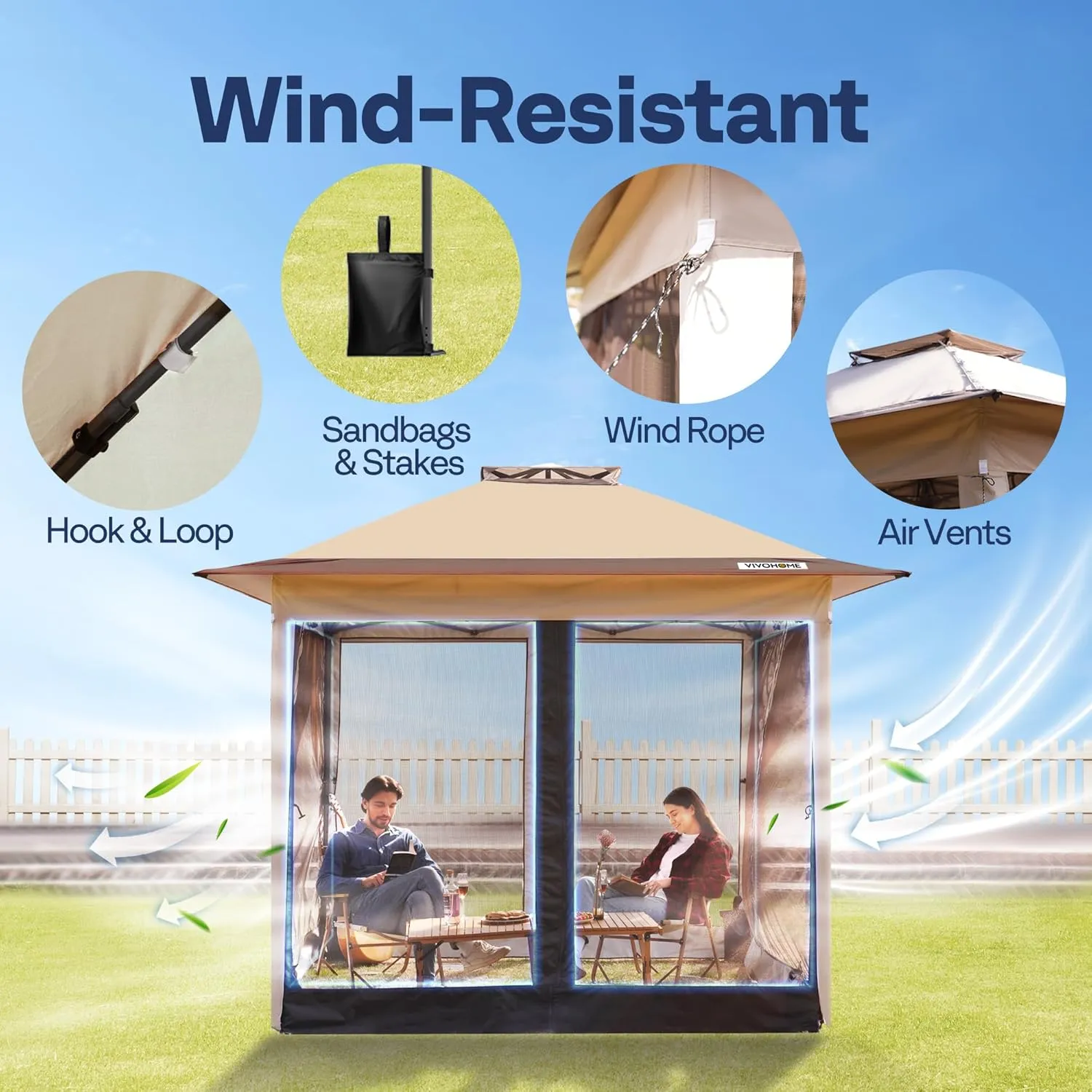 VIVOHOME Pop Up Gazebo 10x10ft Outdoor Canopy Tent with Mosquito Netting & 2 Tiers Roof for Patio Garden Backyard, Beige