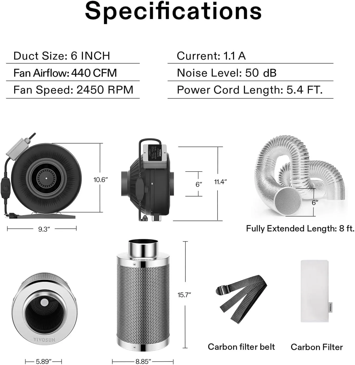 VIVOSUN 6 Inch 440 CFM Inline Fan with Speed Controller, 6 Inch Carbon Filter and 8 Feet of Ducting, Air Filtration Combo for Grow Tent Ventilation