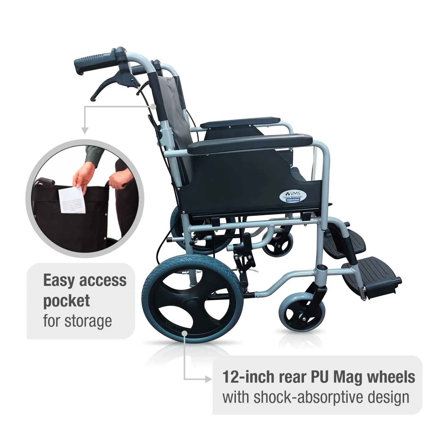 VMS Careline Foldable Transit Wheelchair TRAVERSE