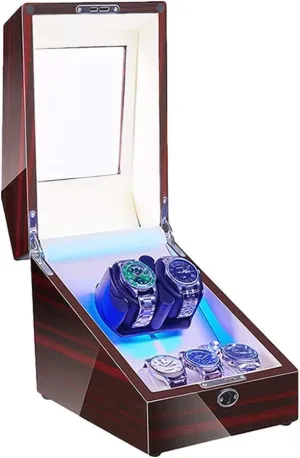 Watch Winder Box for 2 3 Automatic Watches with Interior Led Backlight Quiet Motor Soft Flexible Watch Pillow Dual Power Supply,White