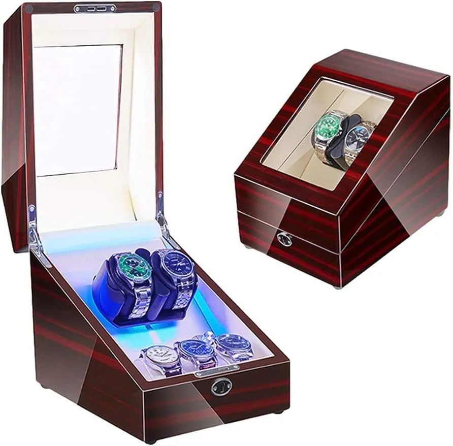 Watch Winder Box for 2 3 Automatic Watches with Interior Led Backlight Quiet Motor Soft Flexible Watch Pillow Dual Power Supply,White