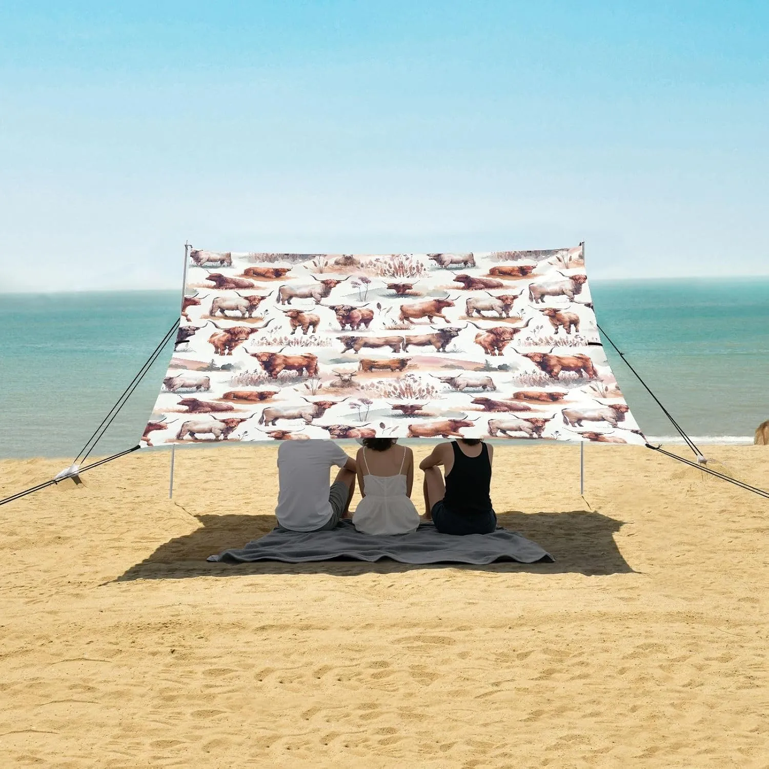 Watercolor Highland Cow Beach Canopy Tent Anti-UV & Wind Resistant, Animals Camping Sun Shelter Easy Setup Portable,Outdoor Shade Tents with Sandbags,Sand Shovels,Ground Pegs & Stability Poles