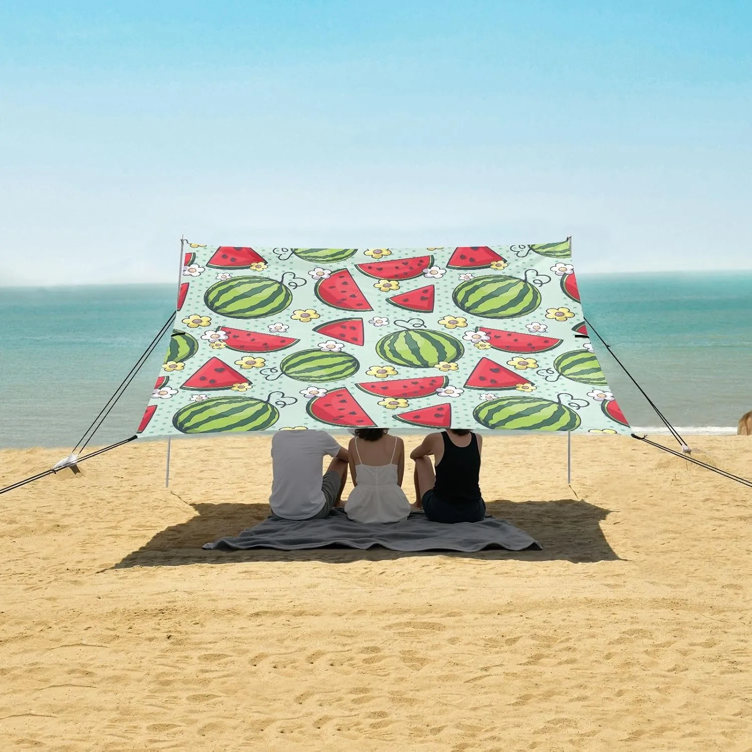 Watermelon Fruit Flowers Beach Canopy Tent Anti-UV & Wind Resistant, Camping Sun Shelter Easy Setup Portable,Outdoor Shade Tents with Sandbags,Sand Shovels,Ground Pegs & Stability Poles
