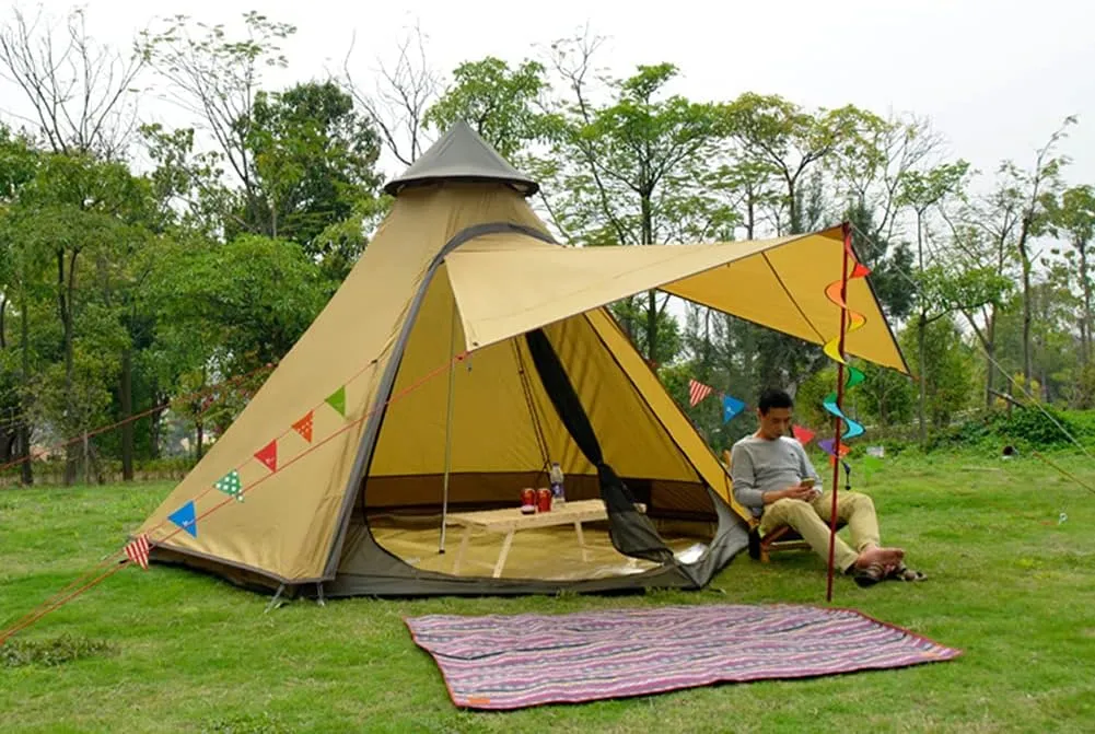 Waterproof Camping Pyramid Teepee Tent Adult Tent Waterproof Double Layers Indian Tent Yurt Tent Tower Post Bell Tent for Outdoor Family Trip, Yellow