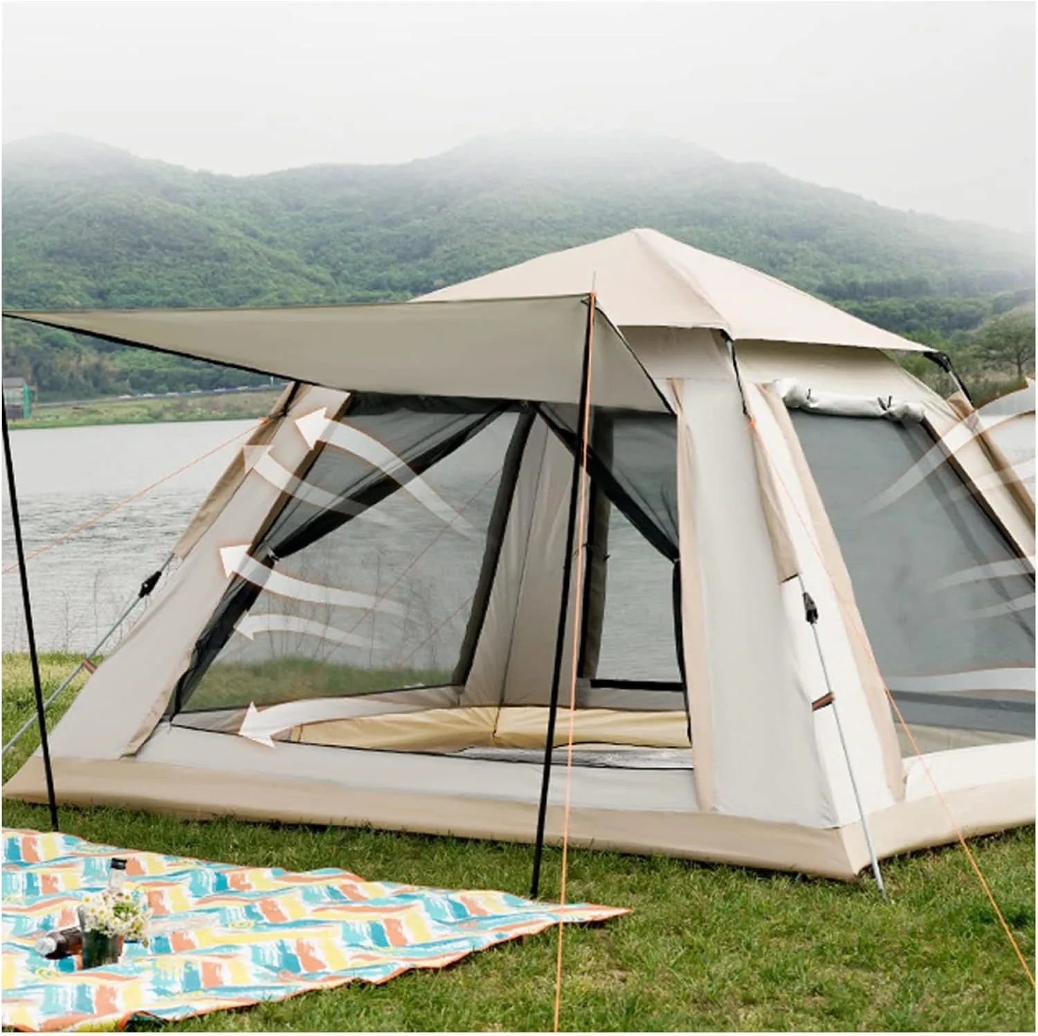 Waterproof Tents 4 People Waterproof,Double Doors and Four Windows Family Tents Practical Advanced Waterproof for Tents for Camping