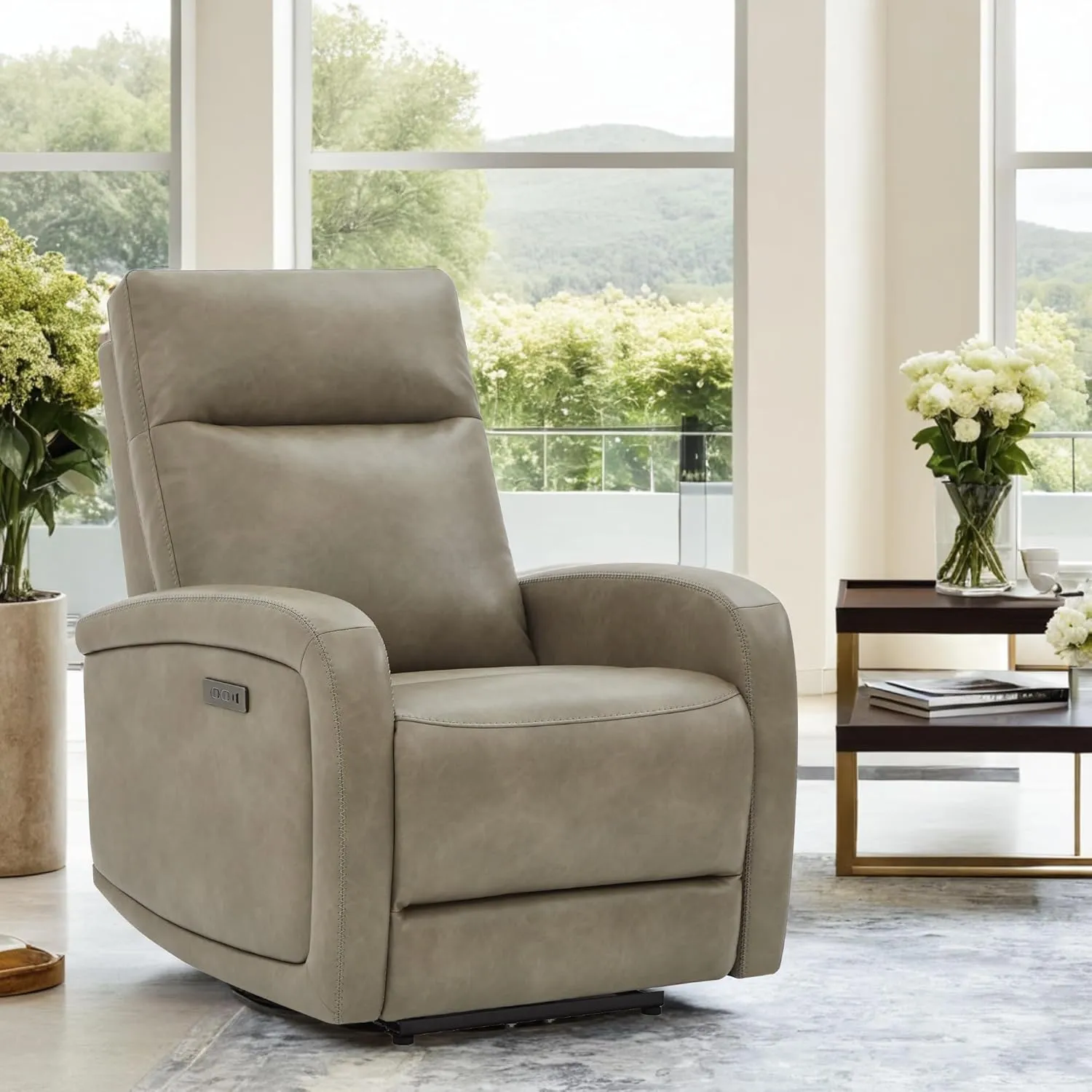 Watson & Whitely Power Recliner Chair, Zero Wall Hugger Recliners with Adjustable Headrest Type-C Charger, Faux Leather Single Sofa Chair RV Recliners for Small Space Living Room, Grey