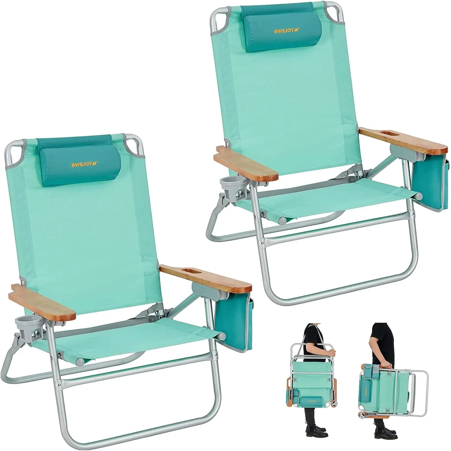 #WEJOY 2-Pack Oversized 4-Adjustable Beach Chair, Backpack Folding Reclining Beach Chairs for Adult Portable Low Seat Chair with Carry Strap Wooden Armrest for Festival Camping Picnic,300 Lbs