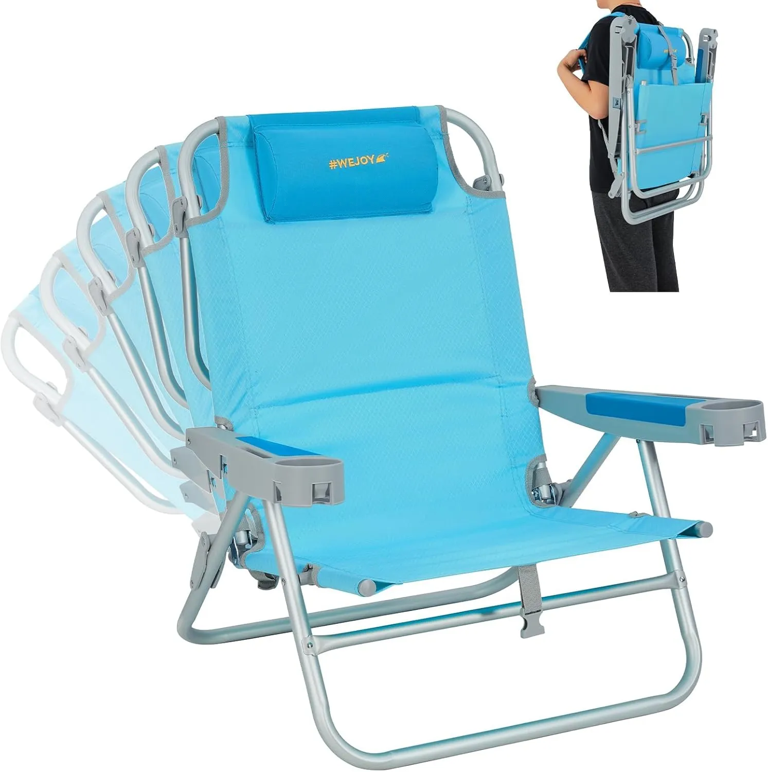 #WEJOY Beach Chair with Backpack Straps, Heavy Duty Backpack Beach Chairs for Adults with 5 Positions, Lay Flat Chair with with Cup Holder Pillow, Support to 300LBS, Blue