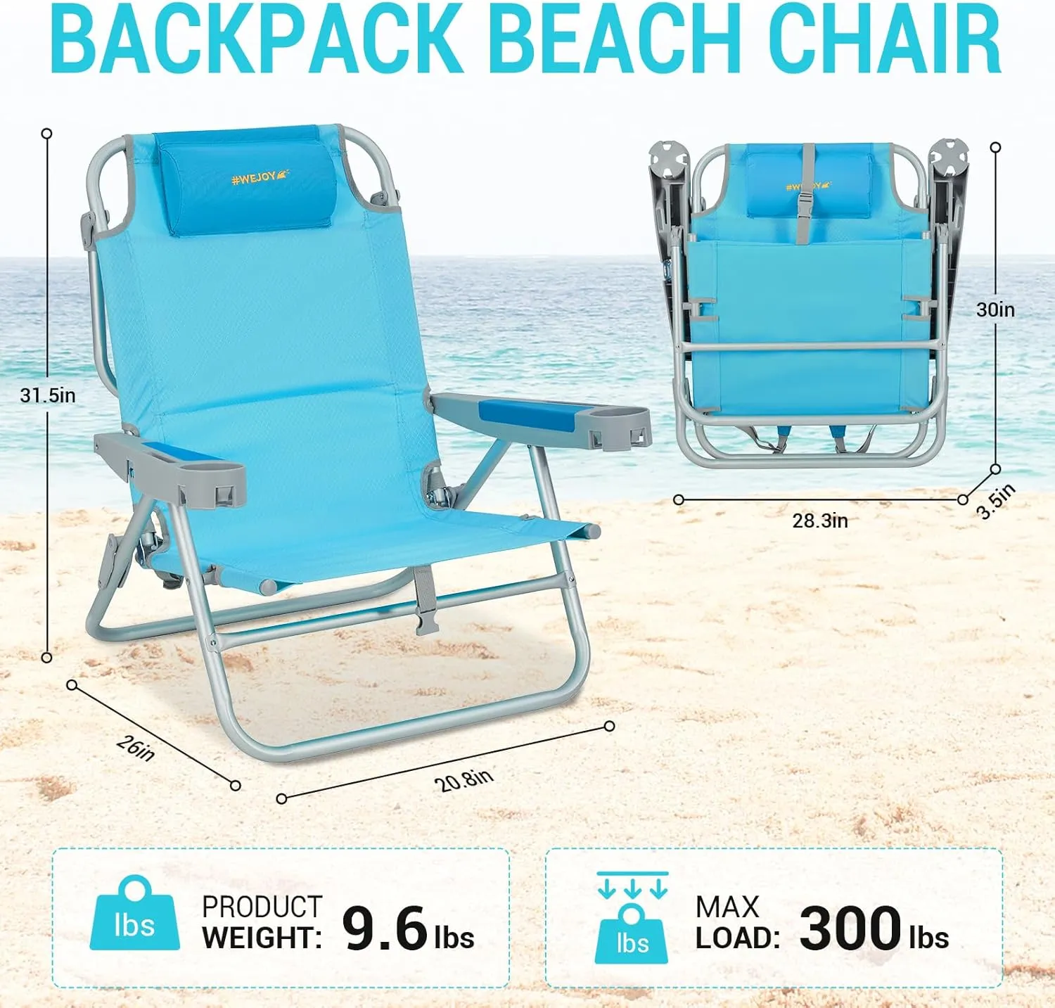 #WEJOY Beach Chair with Backpack Straps, Heavy Duty Backpack Beach Chairs for Adults with 5 Positions, Lay Flat Chair with with Cup Holder Pillow, Support to 300LBS, Blue