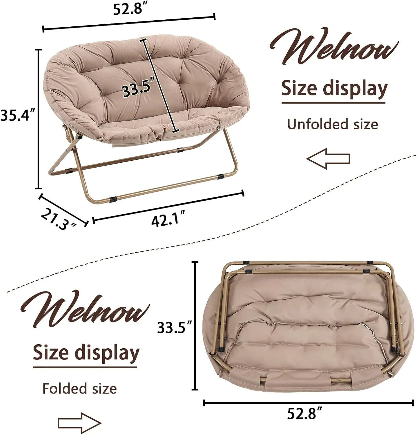 Welnow Comfy Double Saucer Chair Loveseat, Modern 2-Seat Folding Faux Fur Lounge Chair, Foldable Accent Reading Chair with Metal Frame Moon Chair for Bedroom, Living Room, Dorm Rooms, Dutch Khaki