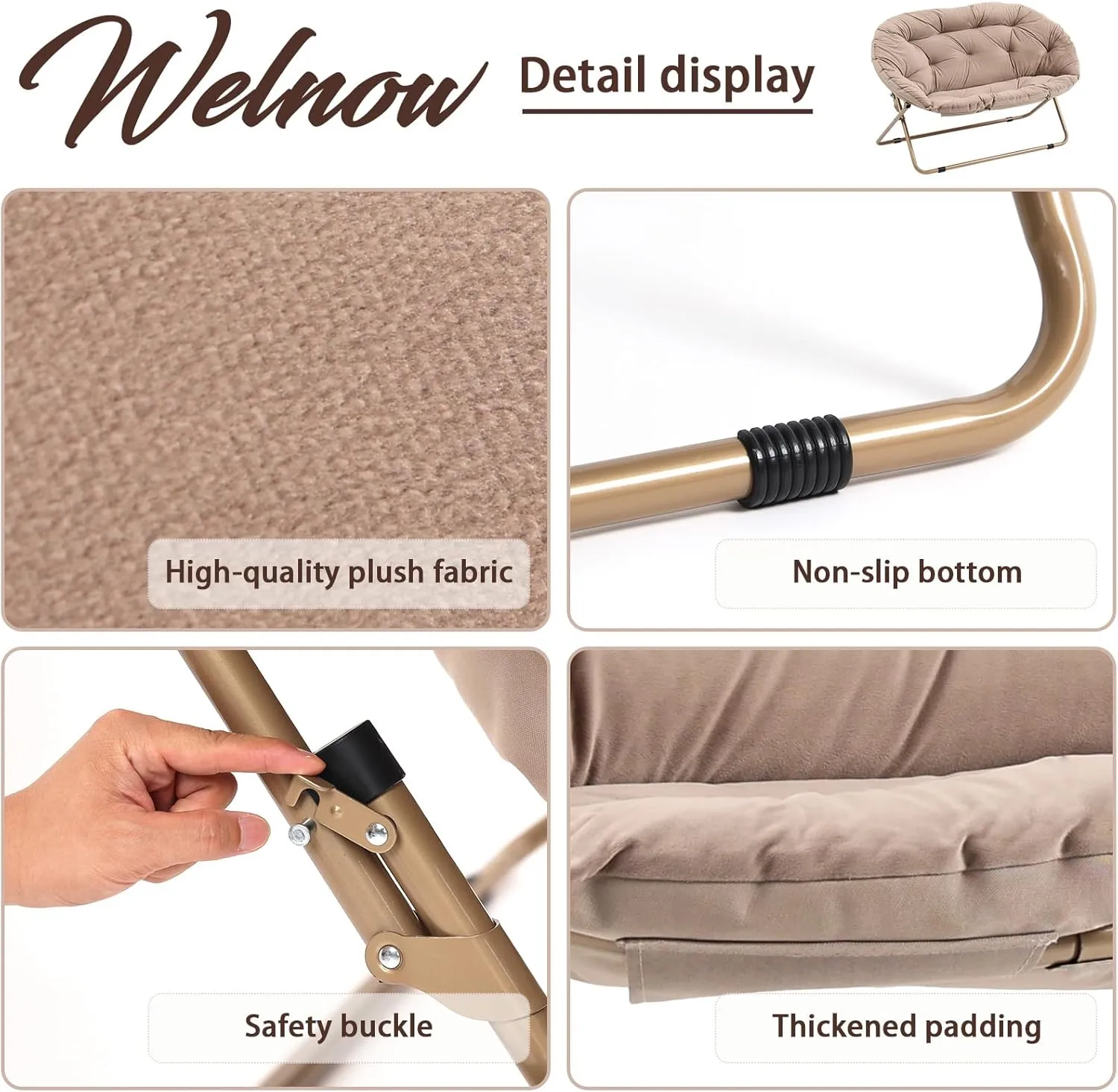 Welnow Comfy Double Saucer Chair Loveseat, Modern 2-Seat Folding Faux Fur Lounge Chair, Foldable Accent Reading Chair with Metal Frame Moon Chair for Bedroom, Living Room, Dorm Rooms, Dutch Khaki