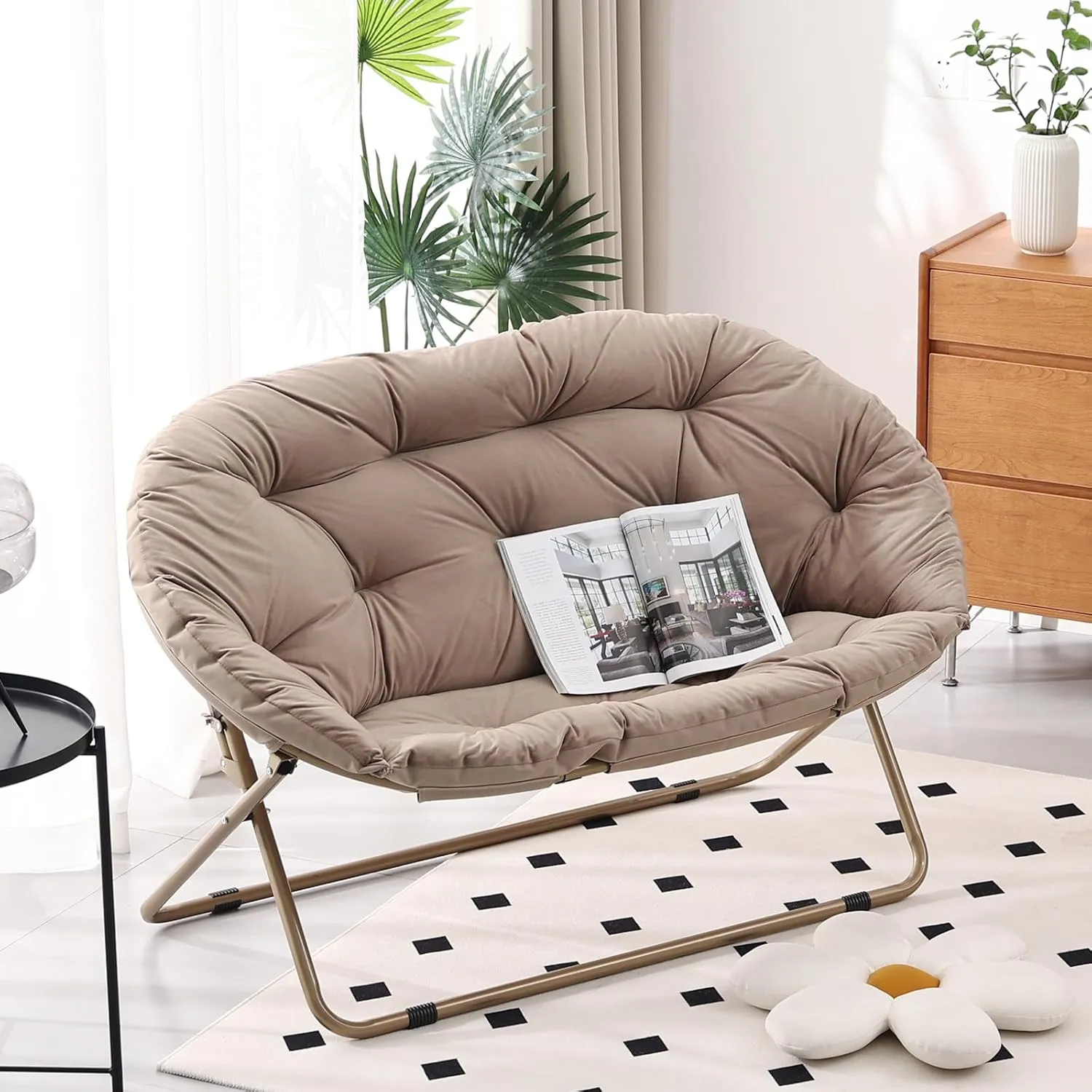 Welnow Comfy Double Saucer Chair Loveseat, Modern 2-Seat Folding Faux Fur Lounge Chair, Foldable Accent Reading Chair with Metal Frame Moon Chair for Bedroom, Living Room, Dorm Rooms, Dutch Khaki