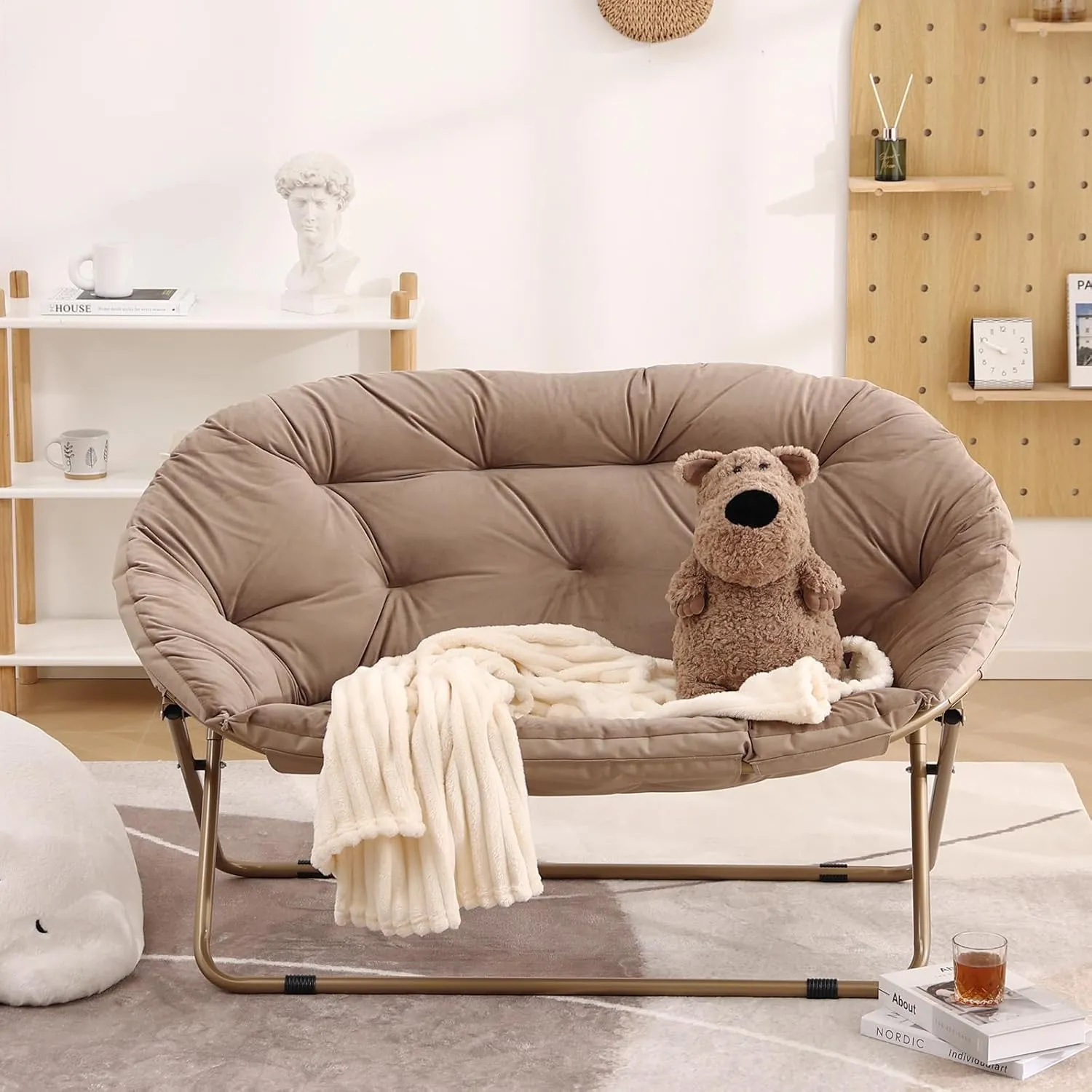 Welnow Comfy Double Saucer Chair Loveseat, Modern 2-Seat Folding Faux Fur Lounge Chair, Foldable Accent Reading Chair with Metal Frame Moon Chair for Bedroom, Living Room, Dorm Rooms, Dutch Khaki