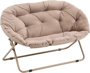 Welnow Comfy Double Saucer Chair Loveseat, Modern 2-Seat Folding Faux Fur Lounge Chair, Foldable Accent Reading Chair with Metal Frame Moon Chair for Bedroom, Living Room, Dorm Rooms, Dutch Khaki