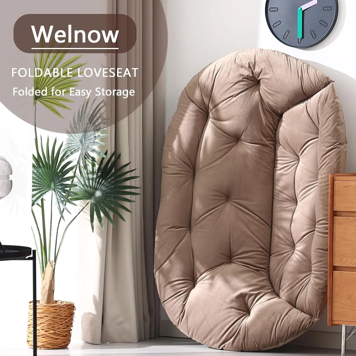 Welnow Comfy Double Saucer Chair Loveseat, Modern 2-Seat Folding Faux Fur Lounge Chair, Foldable Accent Reading Chair with Metal Frame Moon Chair for Bedroom, Living Room, Dorm Rooms, Dutch Khaki