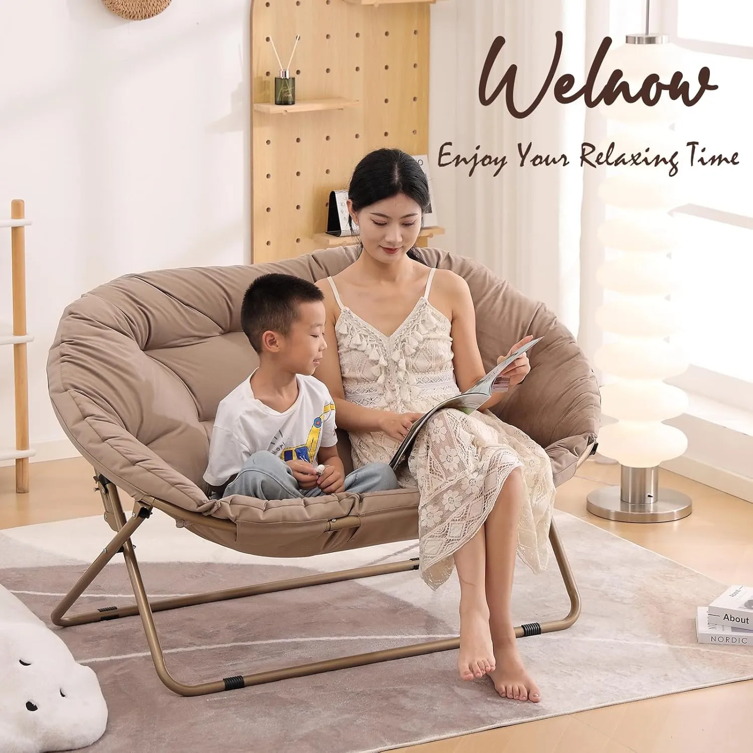 Welnow Comfy Double Saucer Chair Loveseat, Modern 2-Seat Folding Faux Fur Lounge Chair, Foldable Accent Reading Chair with Metal Frame Moon Chair for Bedroom, Living Room, Dorm Rooms, Dutch Khaki