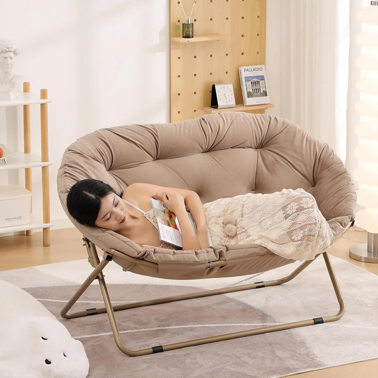 Welnow Comfy Double Saucer Chair Loveseat, Modern 2-Seat Folding Faux Fur Lounge Chair, Foldable Accent Reading Chair with Metal Frame Moon Chair for Bedroom, Living Room, Dorm Rooms, Dutch Khaki
