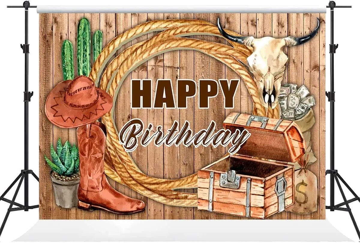 Western Cowboy Birthday Backdrop Wild West Cowhide Boots Treasure Chest Wooden Board Photography Background Cowboy Rodeo Theme Children Birthday Party Decoration Photo Booth Props Vinyl 7x5ft