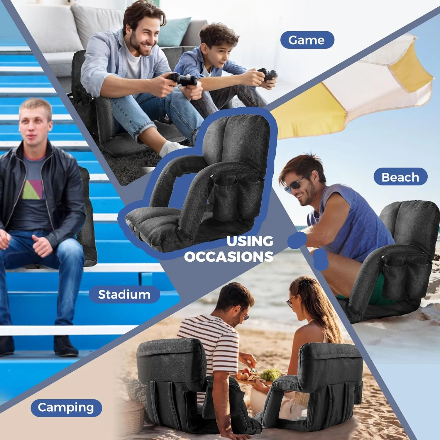 Wide Stadium Seats for Bleachers with Back Support, Extra Thick Plus Size Stadium Seats Bleacher Seats with Backs and Wide Cushion, 6 Reclining Positions Stadium Chair for Outdoor Or Indoor (Black,2P)