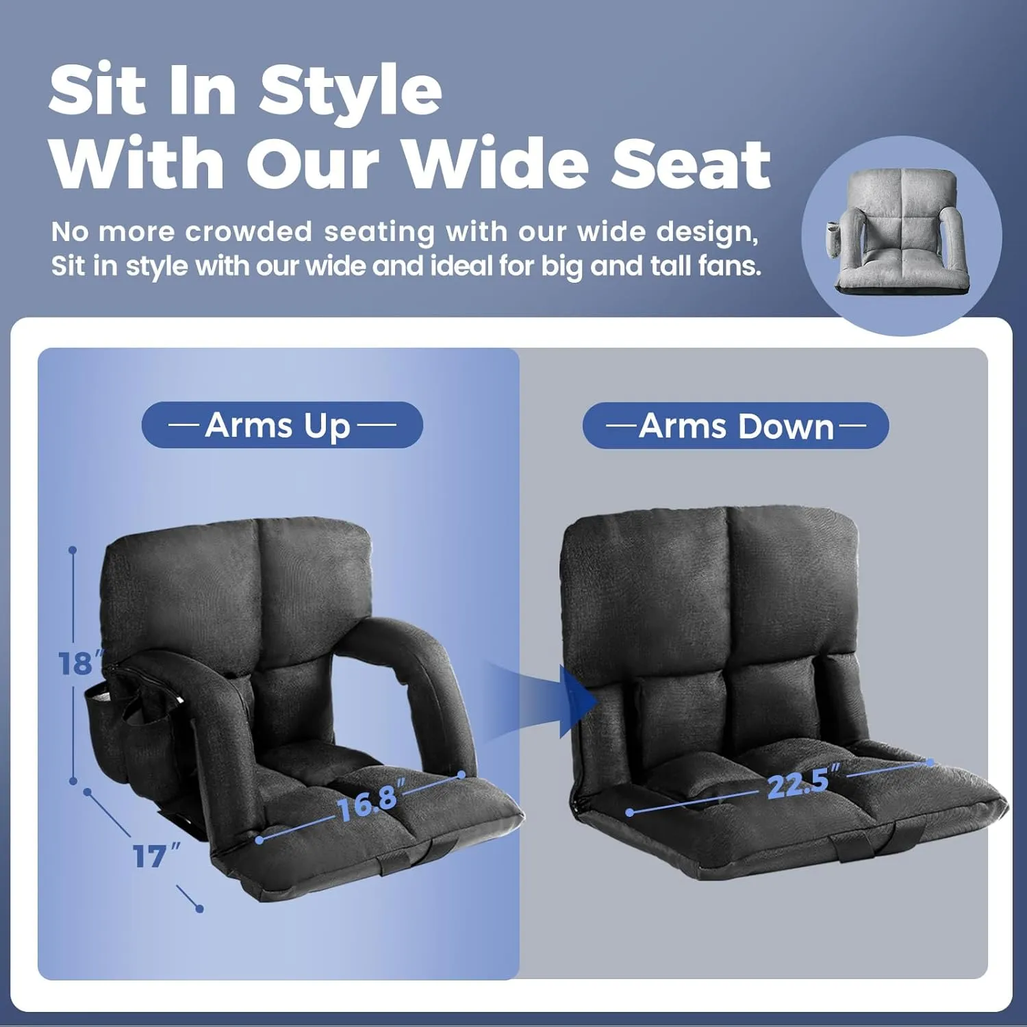 Wide Stadium Seats for Bleachers with Back Support, Extra Thick Plus Size Stadium Seats Bleacher Seats with Backs and Wide Cushion, 6 Reclining Positions Stadium Chair for Outdoor Or Indoor (Black,2P)