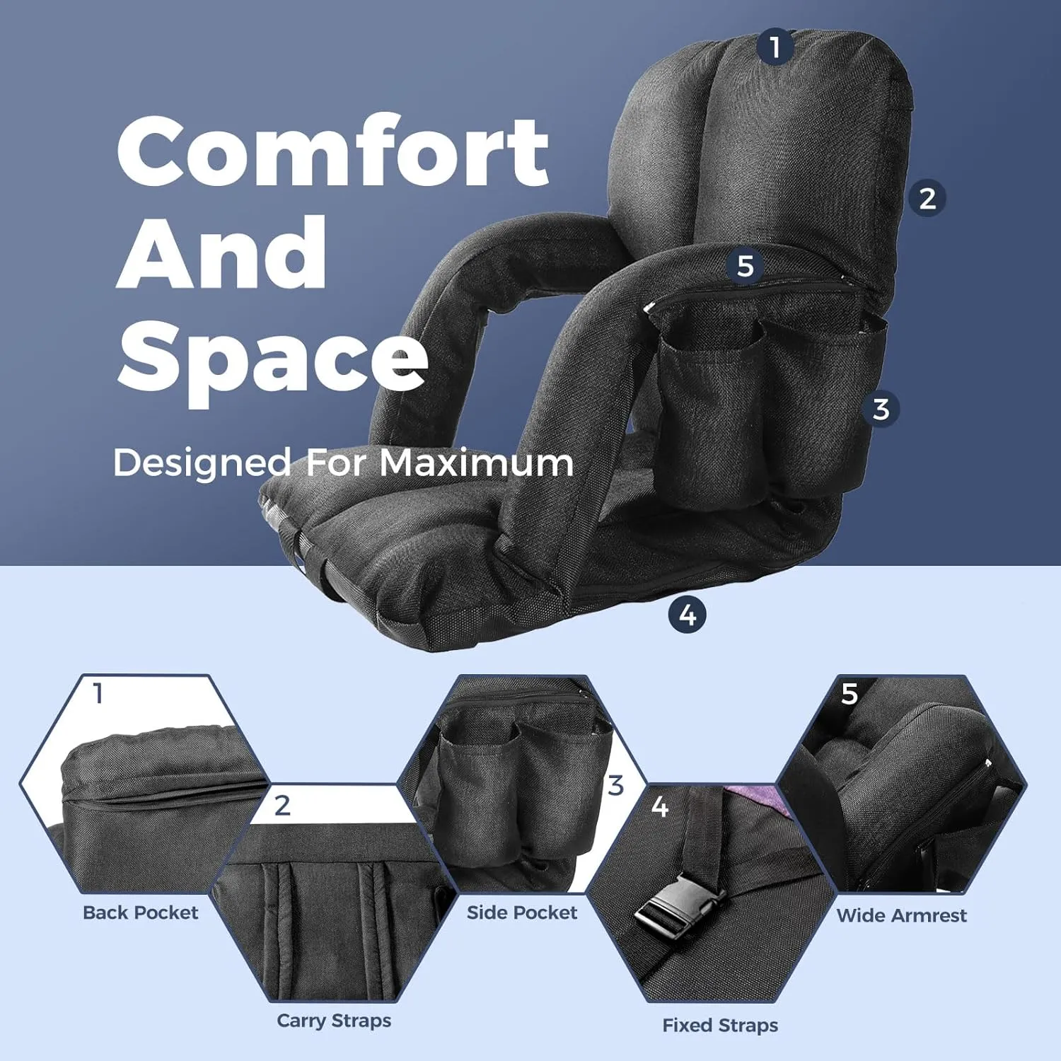 Wide Stadium Seats for Bleachers with Back Support, Extra Thick Plus Size Stadium Seats Bleacher Seats with Backs and Wide Cushion, 6 Reclining Positions Stadium Chair for Outdoor Or Indoor (Black,2P)