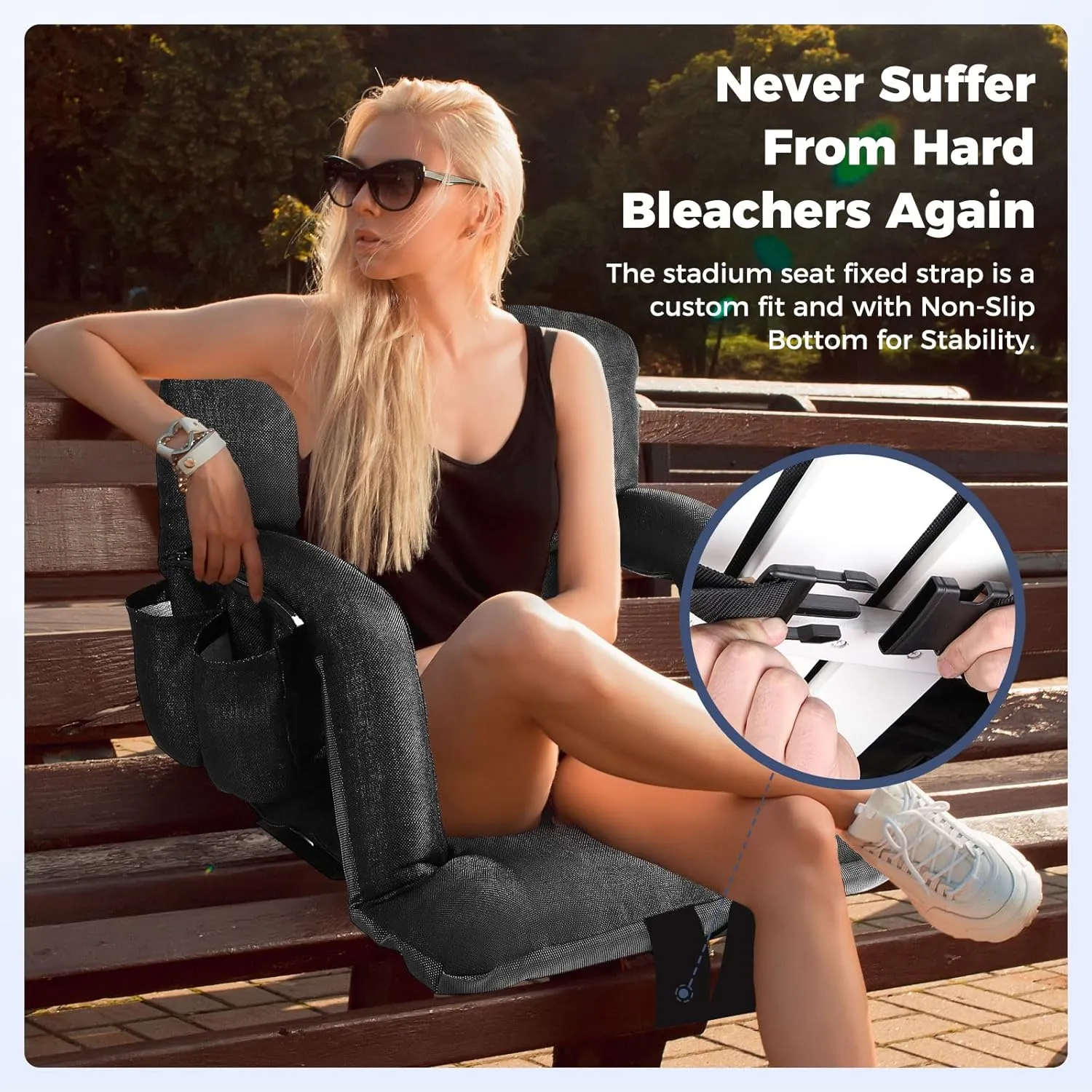 Wide Stadium Seats for Bleachers with Back Support, Extra Thick Plus Size Stadium Seats Bleacher Seats with Backs and Wide Cushion, 6 Reclining Positions Stadium Chair for Outdoor Or Indoor (Black,2P)