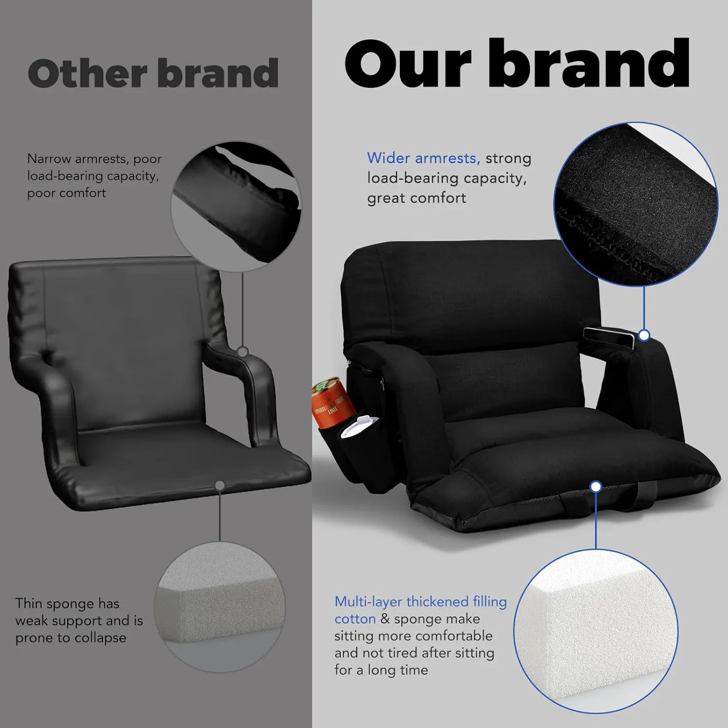 Wide Stadium Seats With Back Support 2 Pack, Exclusive "Sofa Style" Design Extra Thick Bleacher Chairs With Back and Cushion, 6 Reclining Positions - Ultimate Comfort for Sports Events (Black, 22.5")