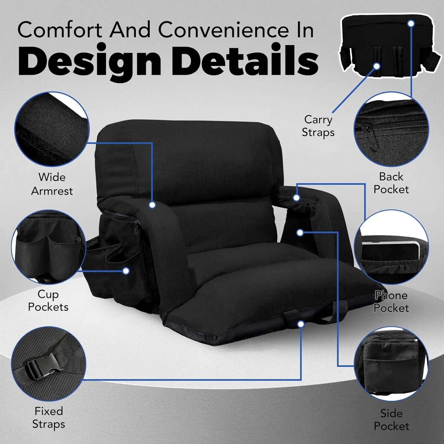 Wide Stadium Seats With Back Support 2 Pack, Exclusive "Sofa Style" Design Extra Thick Bleacher Chairs With Back and Cushion, 6 Reclining Positions - Ultimate Comfort for Sports Events (Black, 22.5")