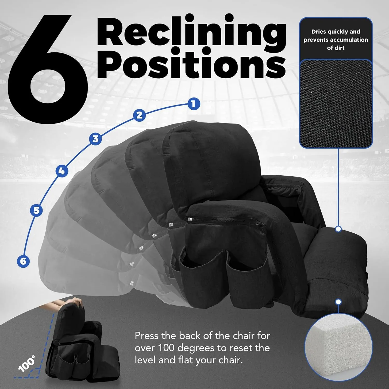 Wide Stadium Seats With Back Support 2 Pack, Exclusive "Sofa Style" Design Extra Thick Bleacher Chairs With Back and Cushion, 6 Reclining Positions - Ultimate Comfort for Sports Events (Black, 22.5")