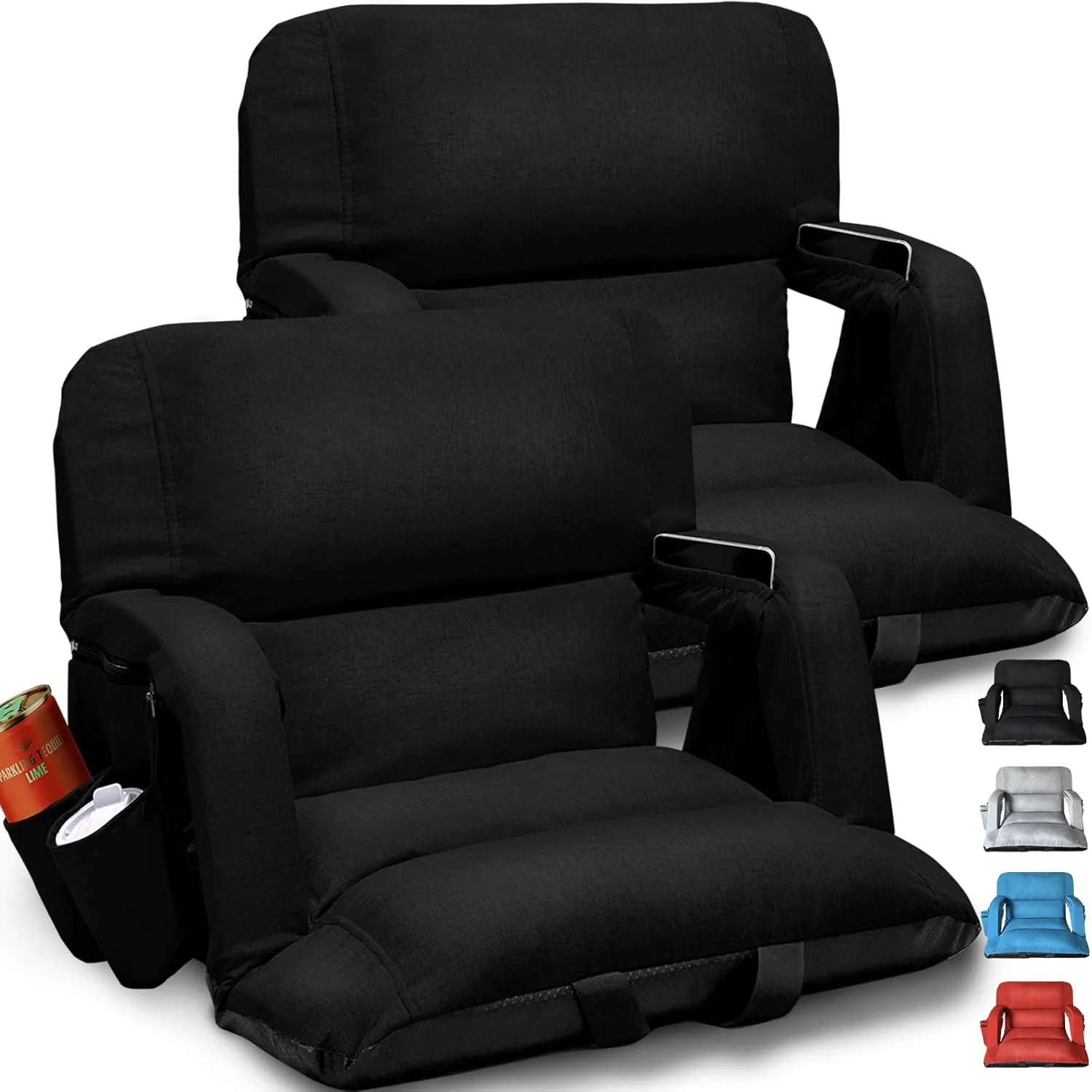 Wide Stadium Seats With Back Support 2 Pack, Exclusive "Sofa Style" Design Extra Thick Bleacher Chairs With Back and Cushion, 6 Reclining Positions - Ultimate Comfort for Sports Events (Black, 22.5")