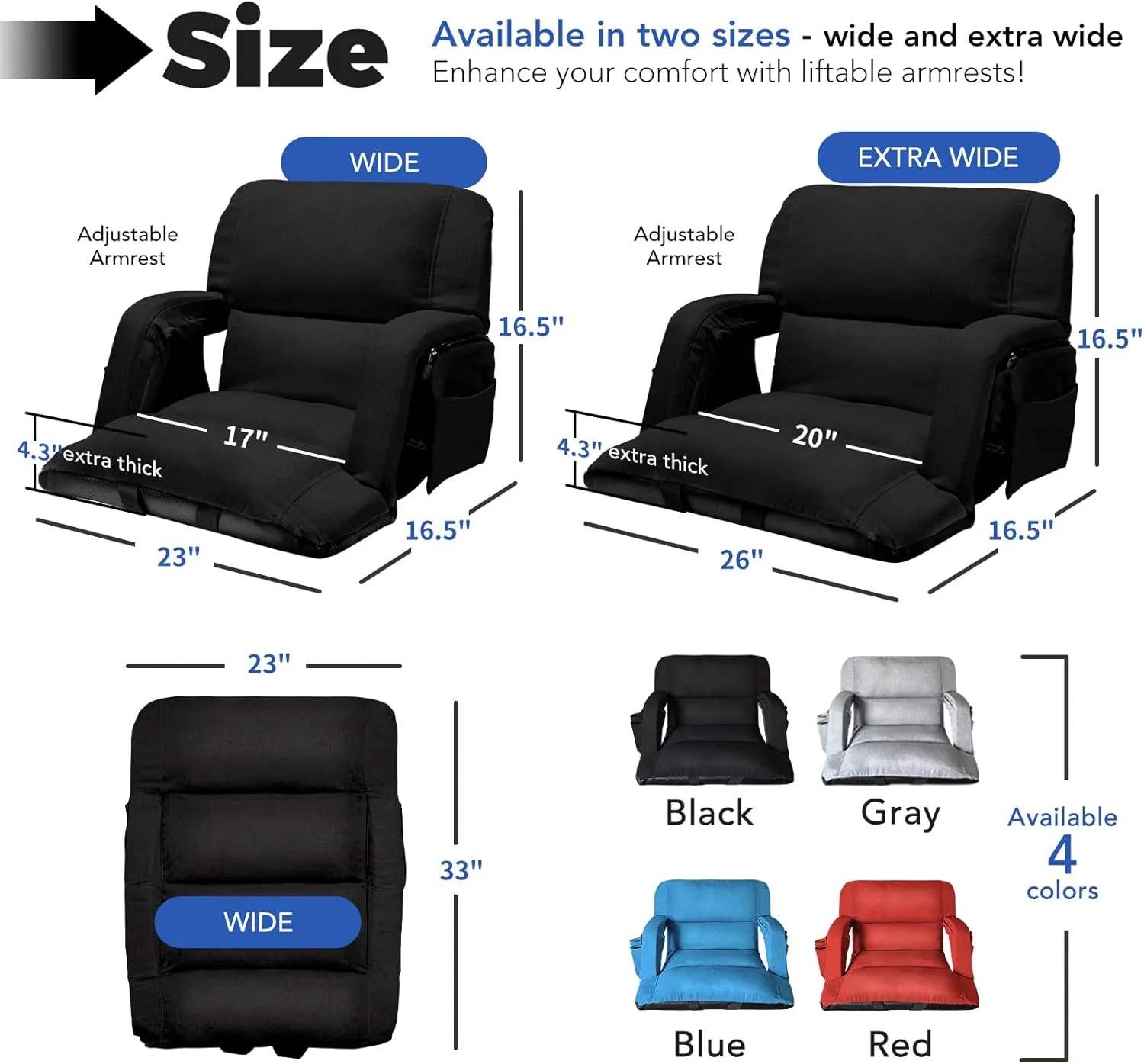Wide Stadium Seats With Back Support 2 Pack, Exclusive "Sofa Style" Design Extra Thick Bleacher Chairs With Back and Cushion, 6 Reclining Positions - Ultimate Comfort for Sports Events (Black, 22.5")