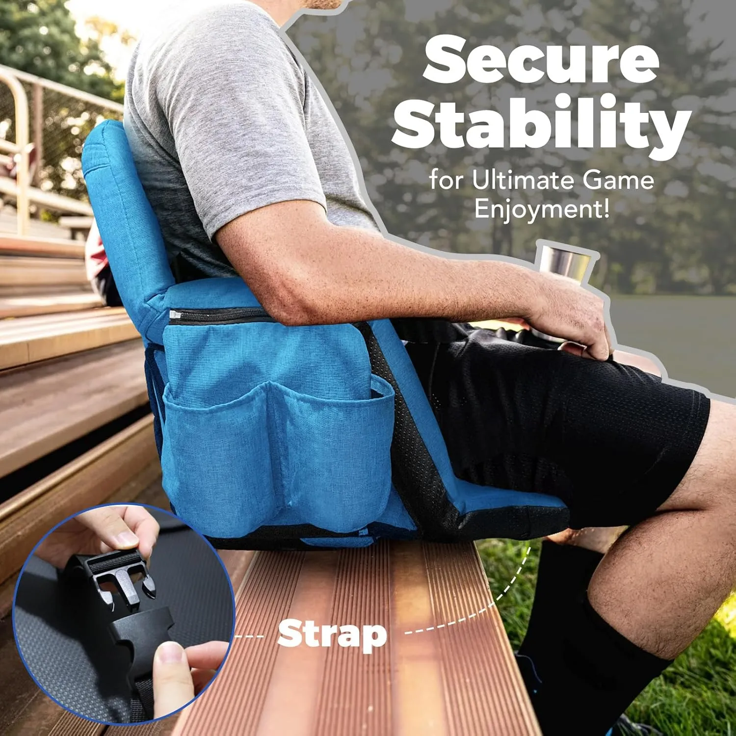 Wide Stadium Seats with Back Support, Exclusive Sofa Style Design Extra Thick Bleacher Chairs with Back and Cushion, 6 Reclining Positions - Ultimate Comfort for Sports Events (Blue, 22.5")