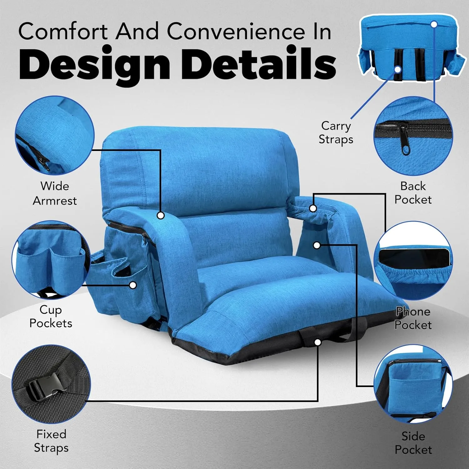 Wide Stadium Seats with Back Support, Exclusive Sofa Style Design Extra Thick Bleacher Chairs with Back and Cushion, 6 Reclining Positions - Ultimate Comfort for Sports Events (Blue, 22.5")