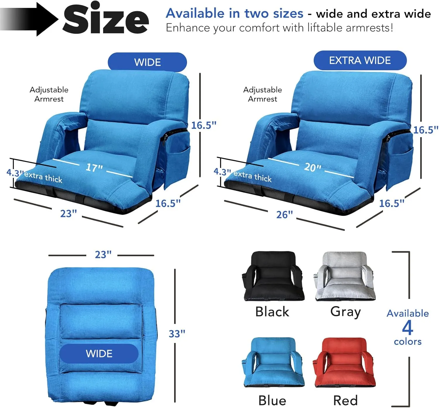 Wide Stadium Seats with Back Support, Exclusive Sofa Style Design Extra Thick Bleacher Chairs with Back and Cushion, 6 Reclining Positions - Ultimate Comfort for Sports Events (Blue, 22.5")