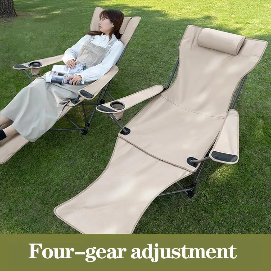 WIGSELBL Camping Chairs Folding Recliner Chair Adjustable with Headrest,Folding Lounge Chair for Adults,Portable Garden Chair Deck Stool for Travel Beach Patio(Khaki)